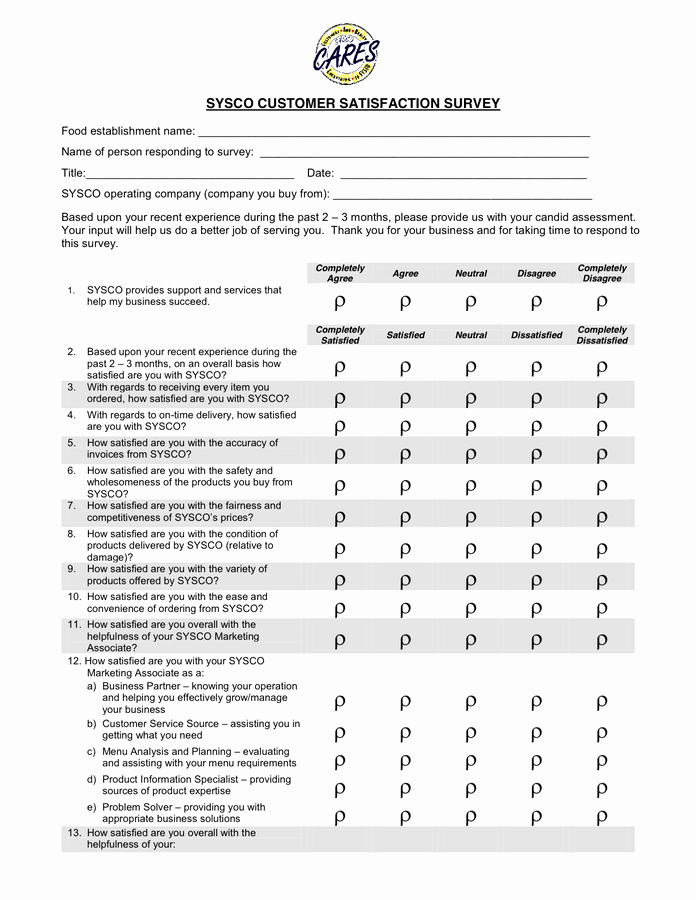 Customer Satisfaction Questionnaire Pdf Best Of Sysco Customer Satisfaction Survey form In Word and Pdf formats