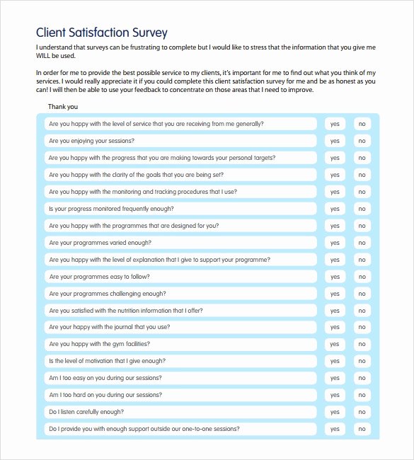 Customer Satisfaction Questionnaire Pdf Fresh 8 Client Satisfaction Survey Templates Free Sample Example format