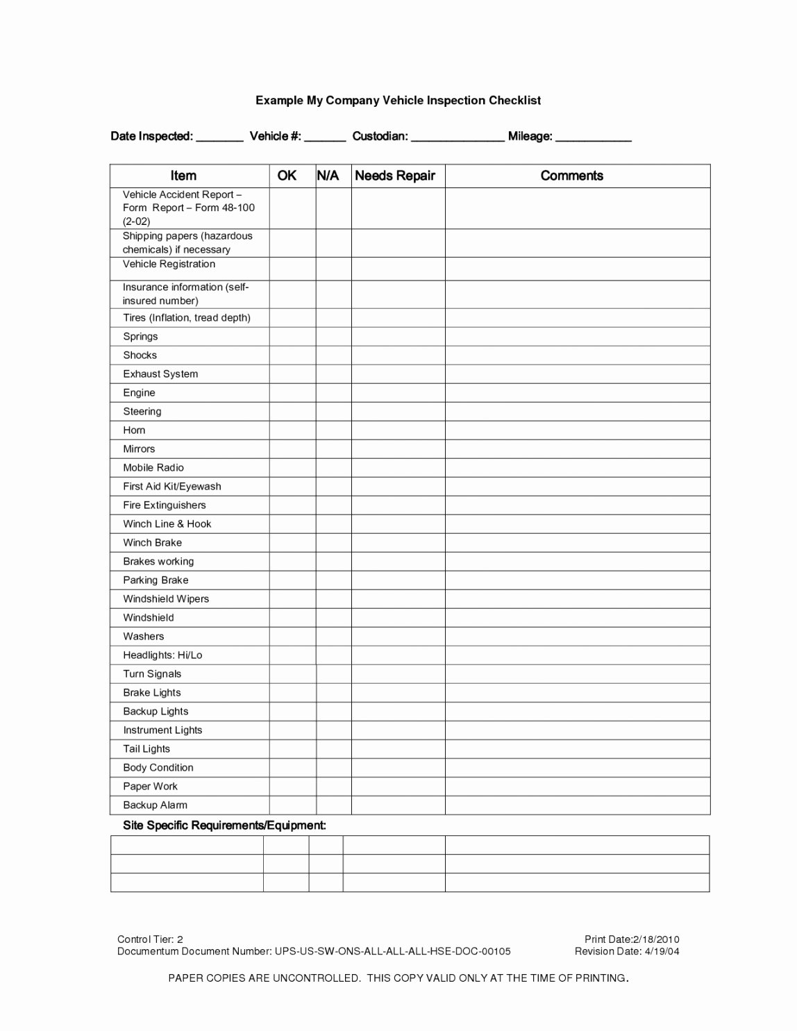 Daily Truck Inspection Checklist Awesome Vehicle Daily Check Sheet Template