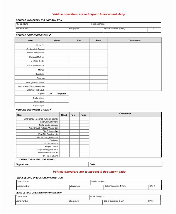 Daily Vehicle Inspection Checklist Template Beautiful 8 Vehicle Inspection forms Pdf Word