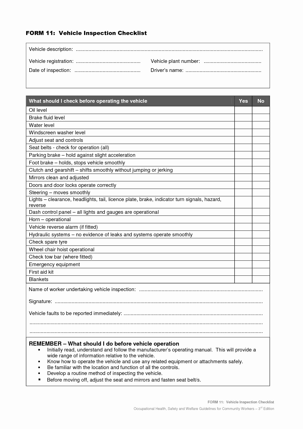 Daily Vehicle Inspection Checklist Template Beautiful Vehicle Safety Inspection Checklist form