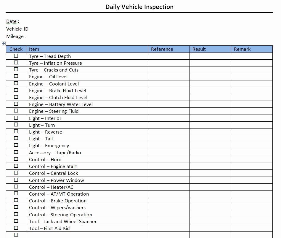 Daily Vehicle Inspection Checklist Template Inspirational Daily Vehicle Inspection Checklist