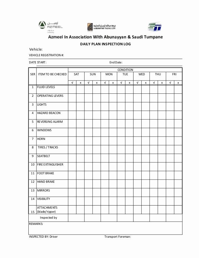 Daily Vehicle Inspection form Awesome 28 Of Vehicle Inspection Log Template