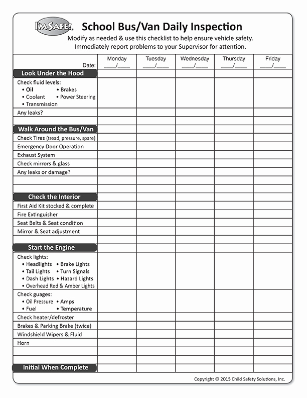 Daily Vehicle Inspection form Fresh 6 3396 School Bus or Van Daily Inspection Checklist