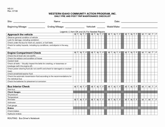 Daily Vehicle Inspection form Template Lovely Daily Vehicle Maintenance Checklist Template …