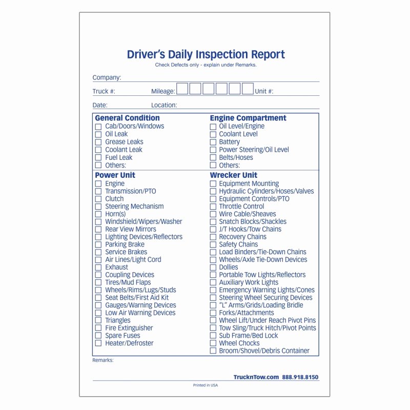 Daily Vehicle Inspection form Unique Driver S Daily Vehicle Inspection Report Dozen