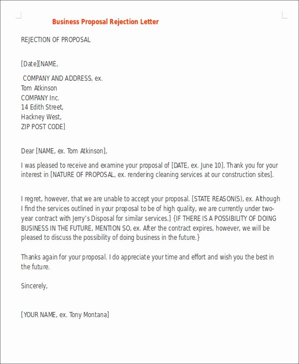Decline to Bid Letter New Proposal Rejection Letter 10 Free Sample Example format Download
