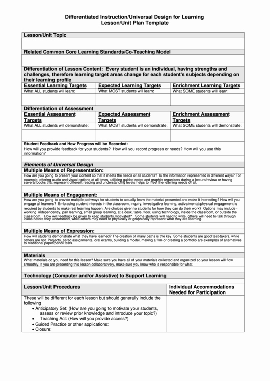Differentiated Instruction Lesson Plan Template Fresh Differentiated Instruction Universal Design for Learning Lesson Unit Plan Template Printable Pdf