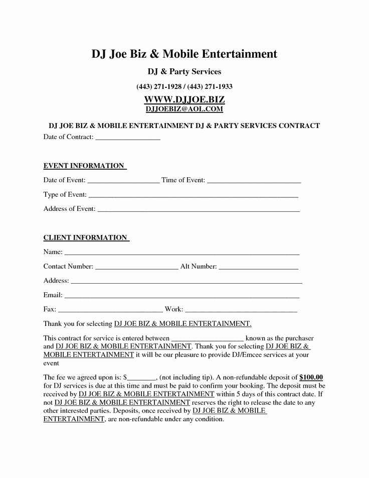 Disc Jockey Contract form Inspirational Dj Contract Template Invitation Templates D J Contracts Real State