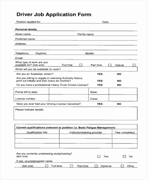 Driver Application for Employment Inspirational 8 Sample Job Application forms Free Sample Example format