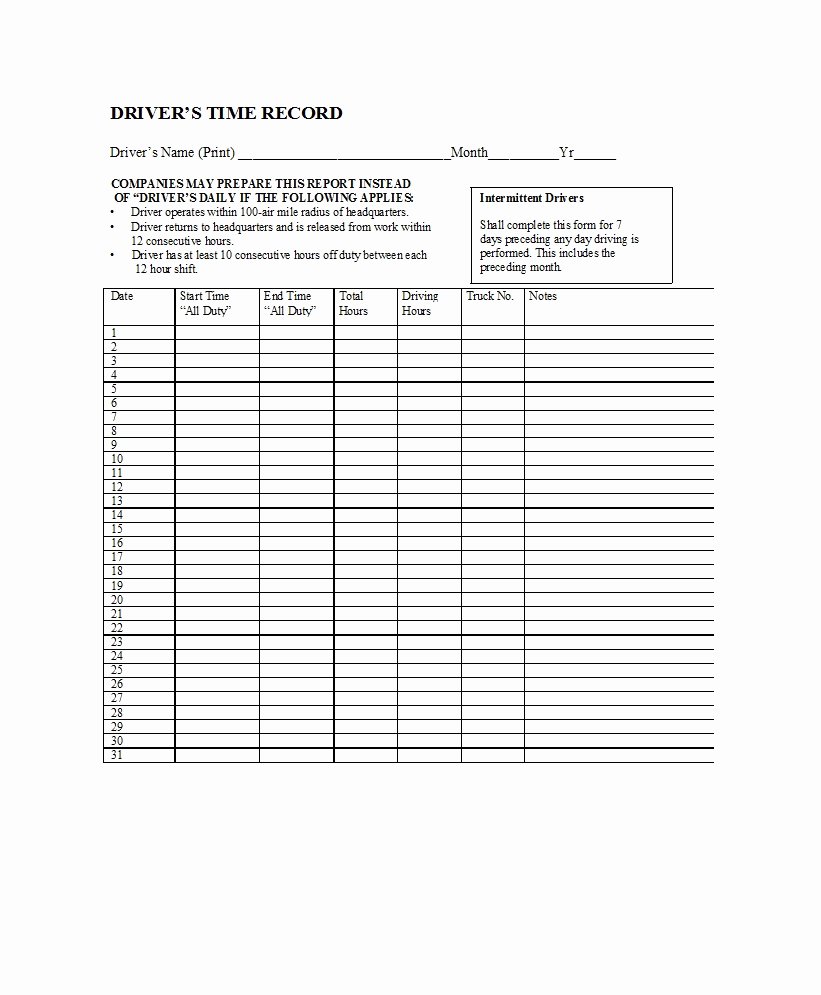 Drivers Log Sheet Template Unique 50 Printable Driver S Daily Log Books [templates &amp; Examples]