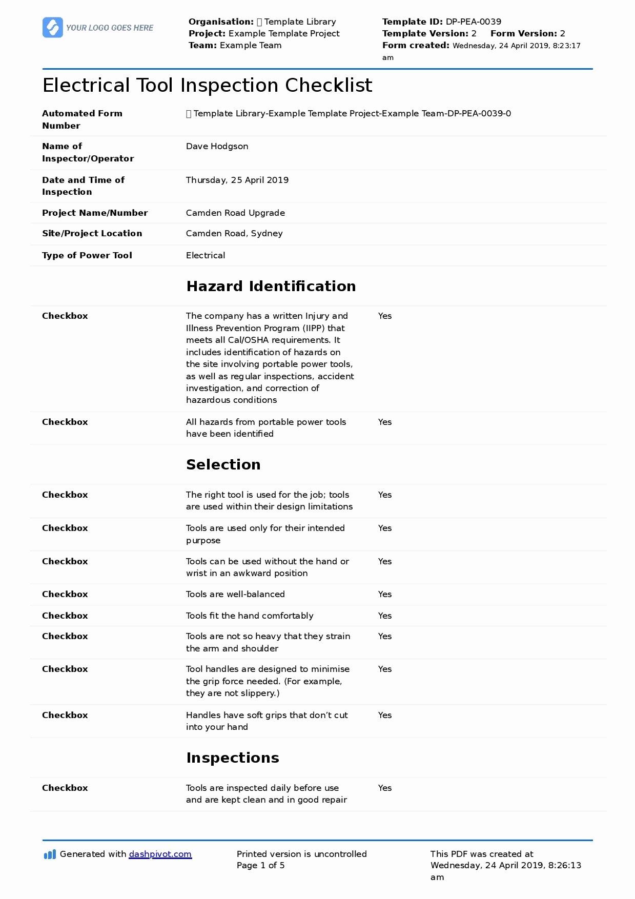 Electrical Inspection Report Template Beautiful Electrical tool Inspection Checklist Free to Use and Customisable