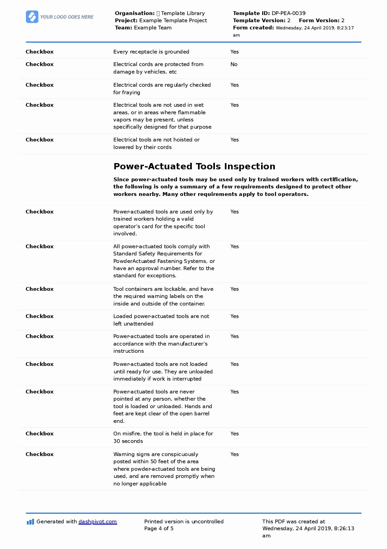 Electrical Inspection Report Template New Electrical tool Inspection Checklist Free to Use and Customisable
