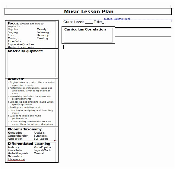 Elementary Music Lesson Plan Template Luxury Sample Music Lesson Plan Template 9 Free Documents In