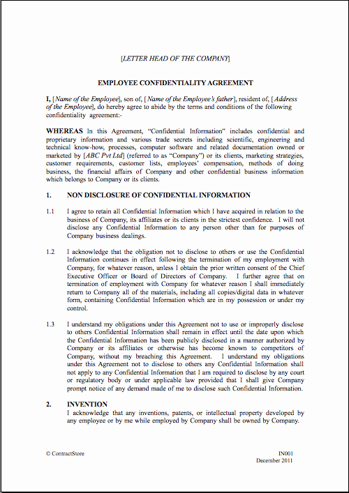 Employee Confidentiality Agreement Template Best Of Employee Confidentiality Agreement