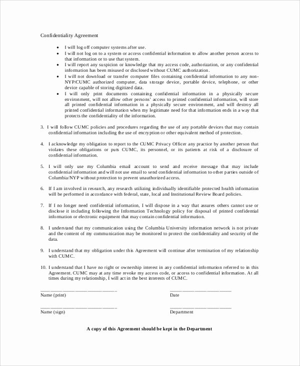 Employee Confidentiality Agreement Template Lovely Sample Employee Confidentiality Agreement 8 Documents
