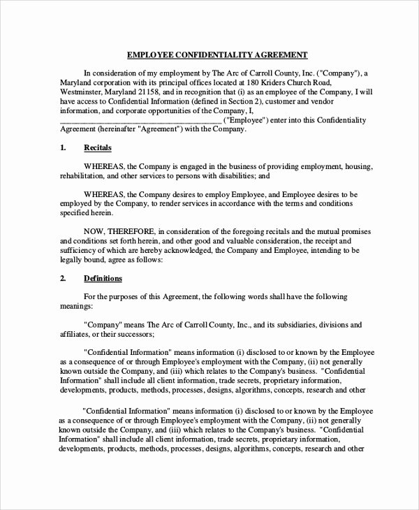 Employee Confidentiality Agreement Template New Sample Employee Confidentiality Agreement 8 Documents