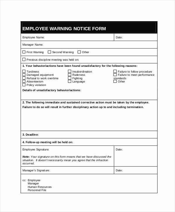 Employee Warning Notice form Fresh Free 6 Sample Employee Warning Notice forms