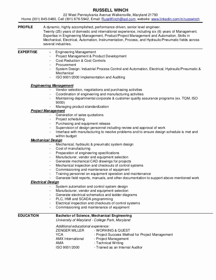 Entry Level Electrical Engineer Resume Best Of Russell Winch Resume