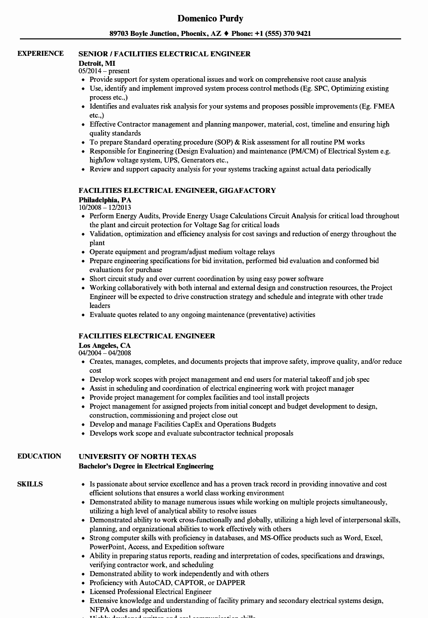 Entry Level Electrical Engineer Resume Lovely Facilities Electrical Engineer Resume Samples