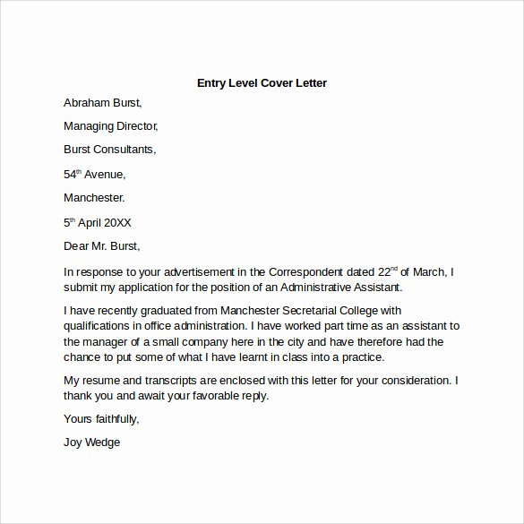 Entry Level Nurse Cover Letter Inspirational Entry Level Cover Letter Templates 9 Free Samples Examples &amp; format