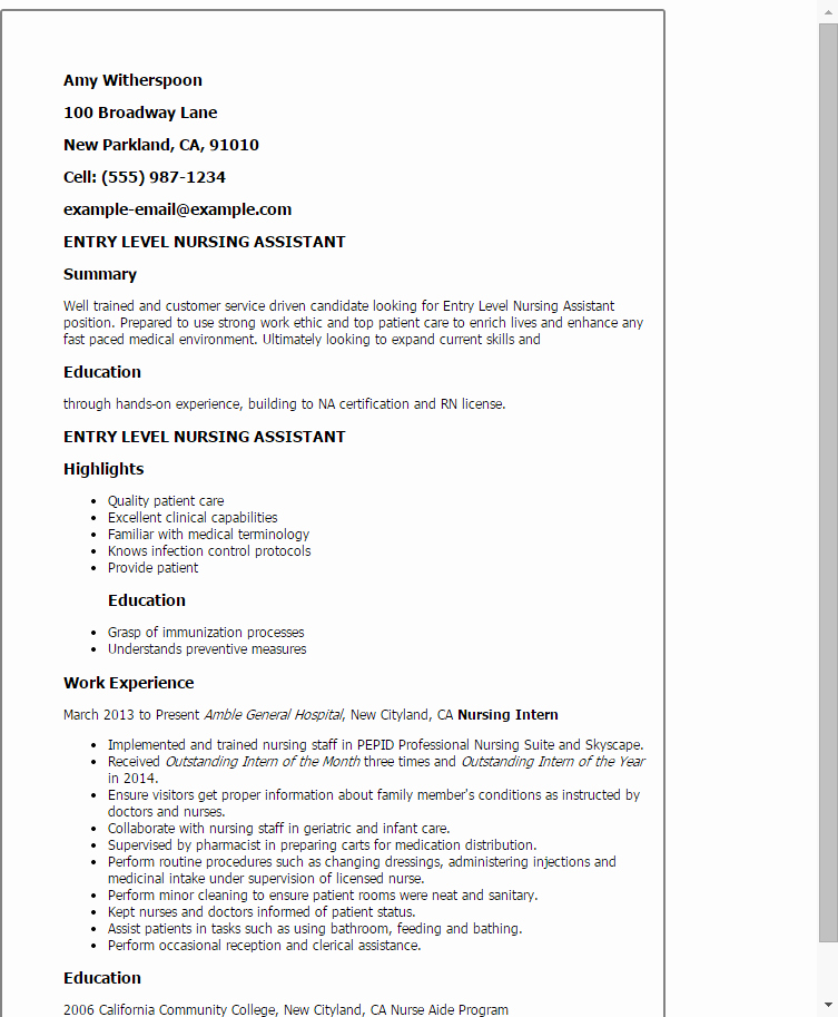 Entry Level Nursing Cover Letter Fresh 10 Certified Nursing assistant Resume Examples Samplebusinessresume Samplebusinessresume