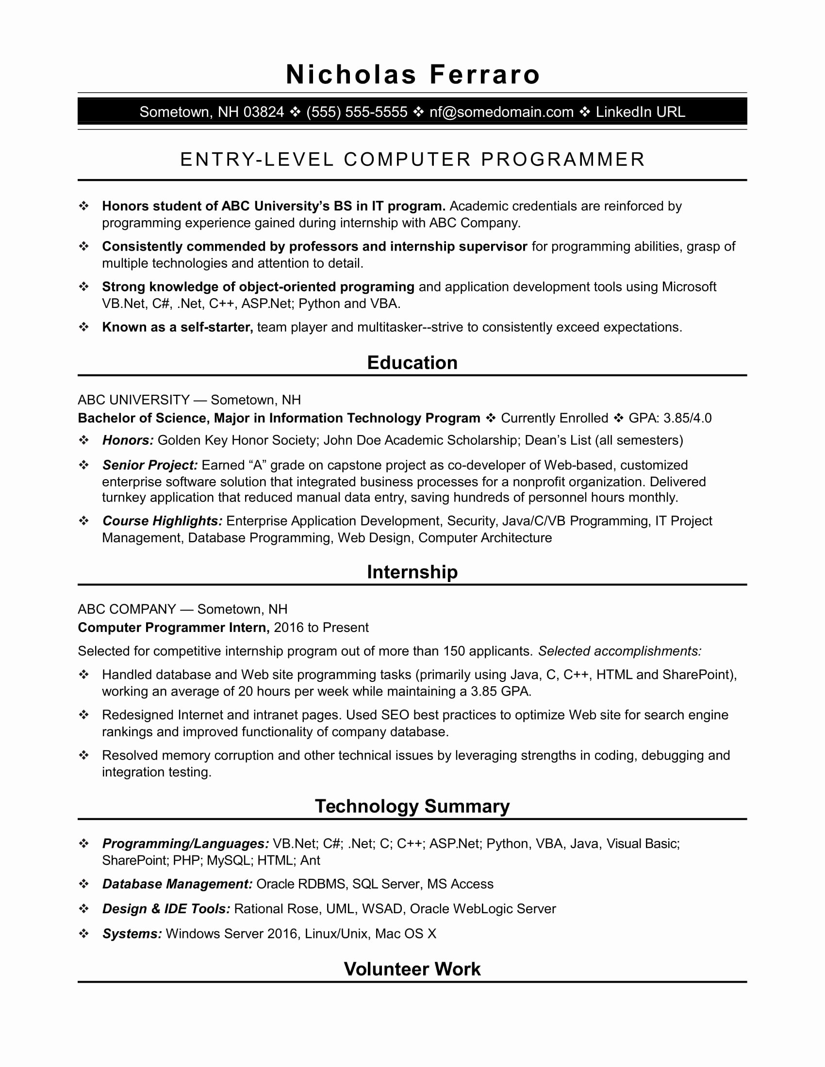 Entry Level Programmer Resume Beautiful Sample Resume for An Entry Level Puter Programmer