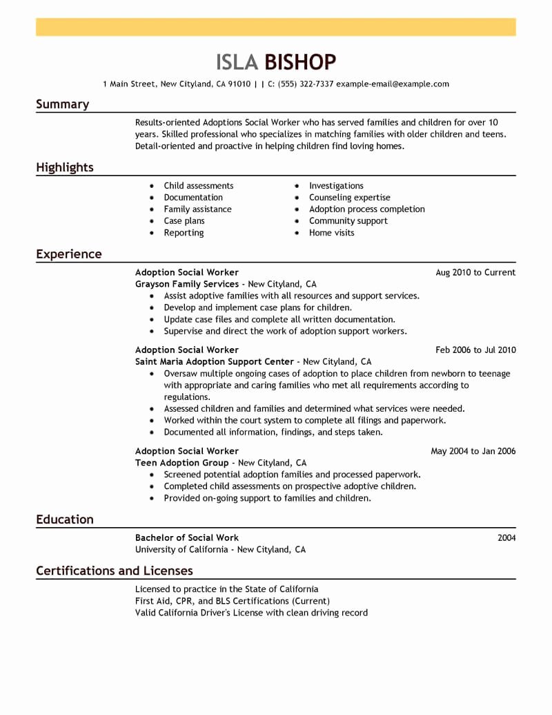 Entry Level social Work Resume New Best Adoptions social Worker Resume Example