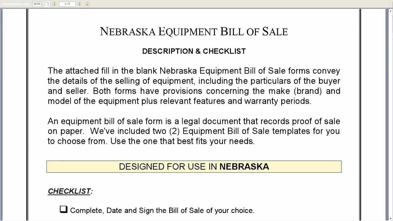 Equipment Bill Of Sale New Nebraska Equipment Bill Of Sale