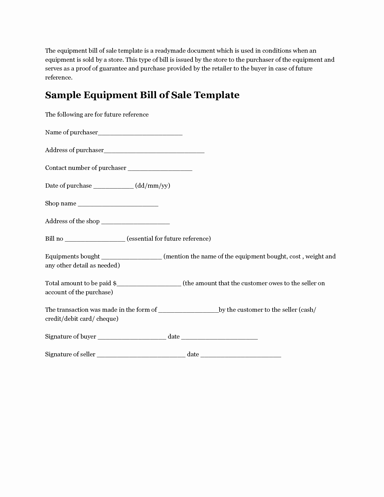 Equipment Bill Of Sale Pdf Awesome Printable Sample Equipment Bill Sale Template form