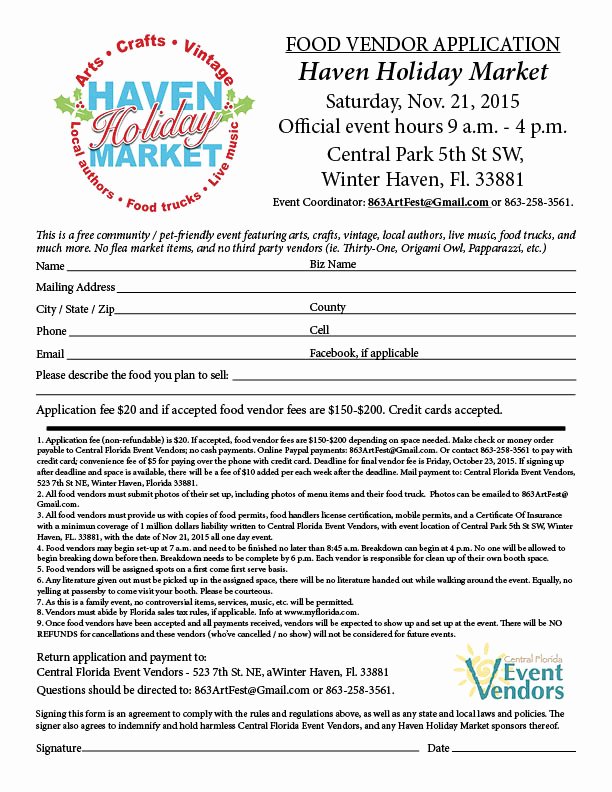 Event Vendor Registration form Elegant Haven Holiday Food Vendor Application Central Florida event Vendors