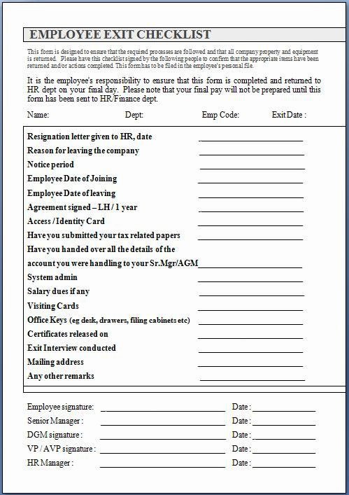 Exit Interview form Pdf Inspirational Employee Exit Checklist form