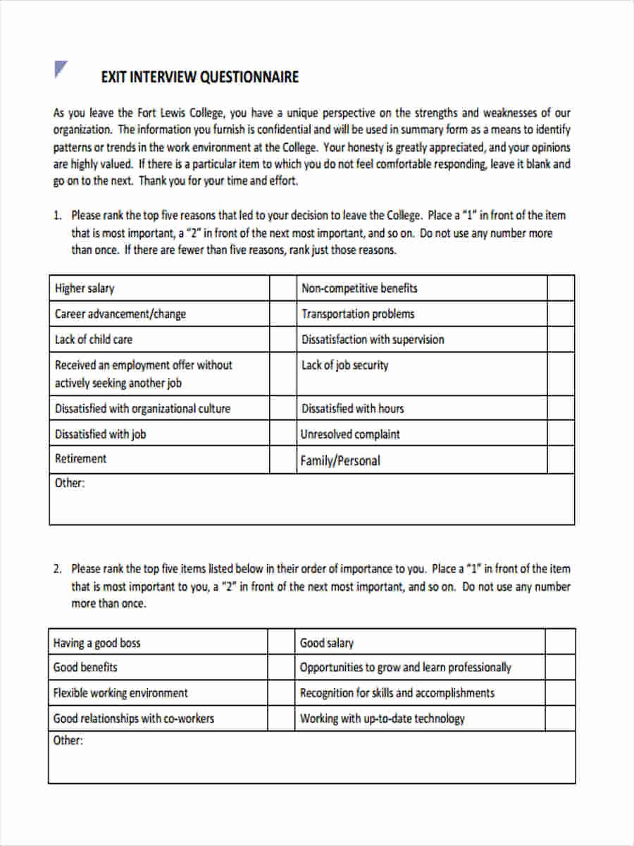 Exit Interview form Pdf Inspirational Free 6 Exit Interview Questionnaire forms In Samples Examples formats