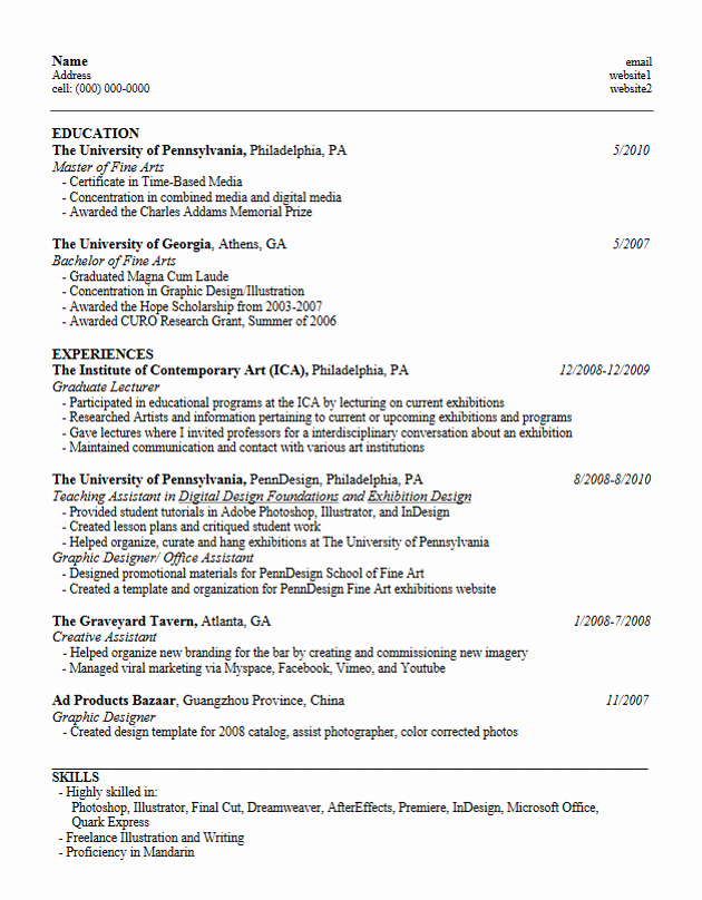Fine Artist Resume Template Lovely Career Services at the University Of Pennsylvania