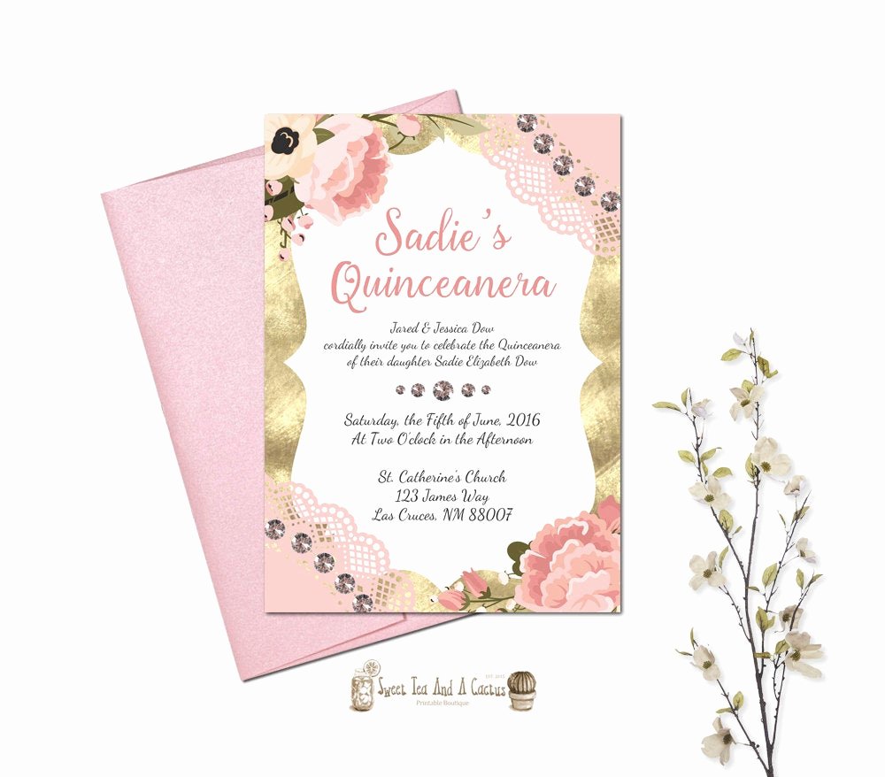 Free Printable Quinceanera Invitations Lovely Quinceanera Invitation Printable Peach and Pink Flowers Bling