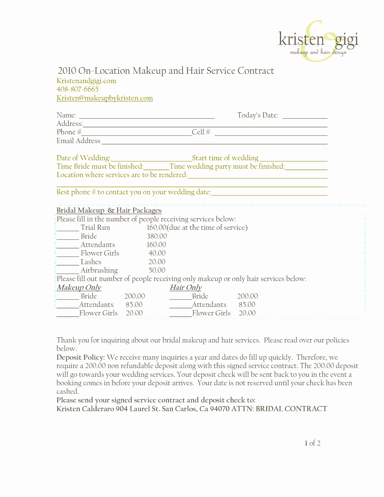 Freelance Makeup Artist Contracts New Bridalhaircotract