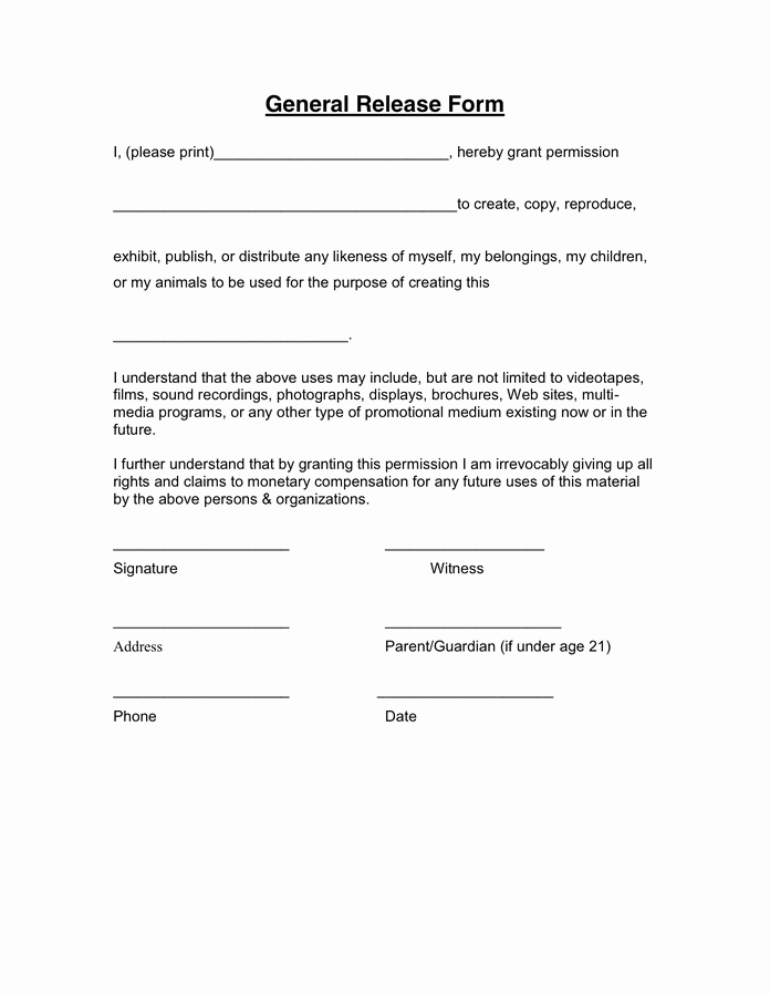 General Media Release form Inspirational General Release form In Word and Pdf formats