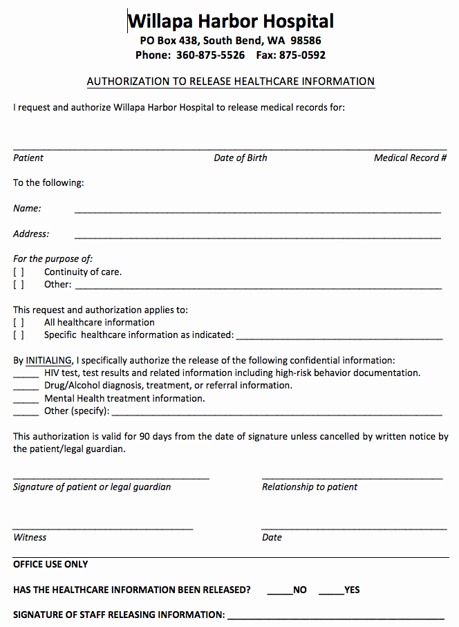 General Release form Pdf Elegant Release Of Information form Willapa Harbor Hospital