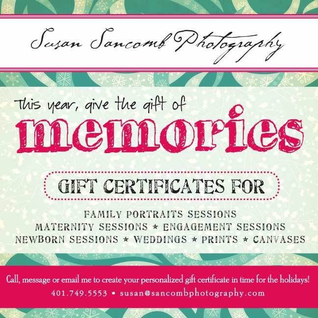 Gift Certificate for Photography Session Unique 2012 Holiday Gift Certificates now Available San B Graphy Rhode island