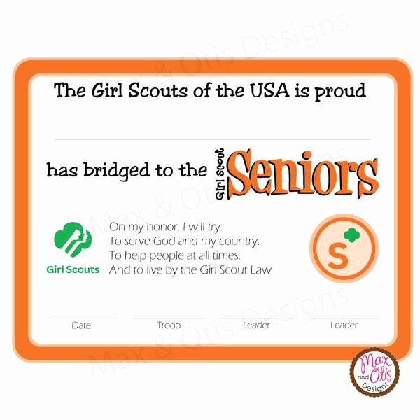 Girl Scout Bridging Certificates Unique Girl Scout Senior Printable Bridging Certificate Editable Pdf – Max &amp; Otis Designs