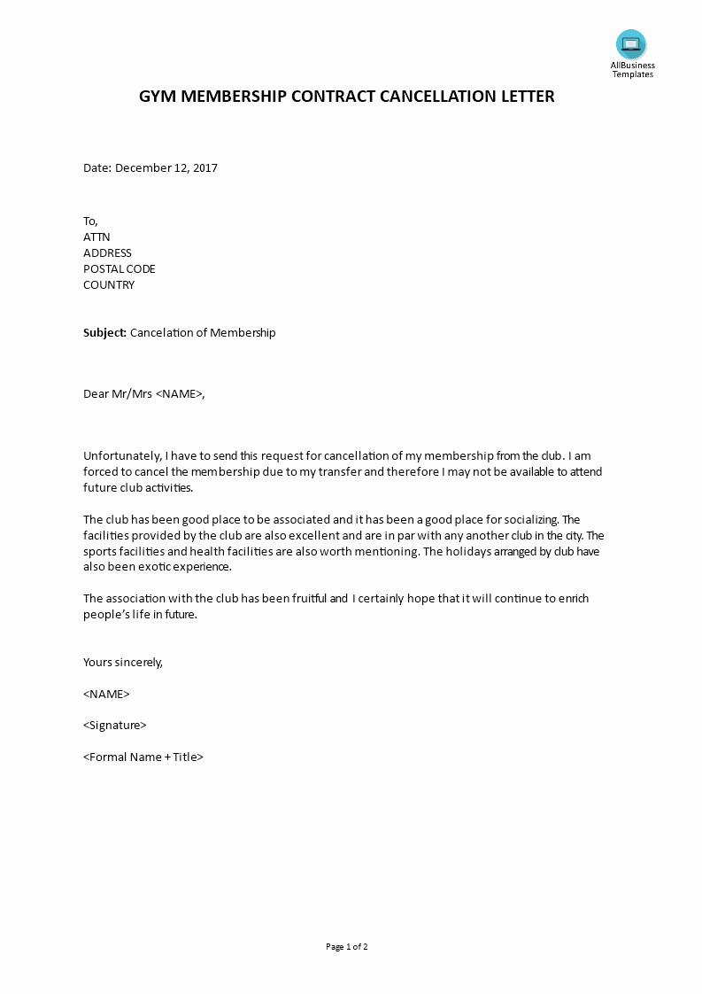 Gym Membership Contract Template Inspirational Gym Membership Contract Cancellation Letter