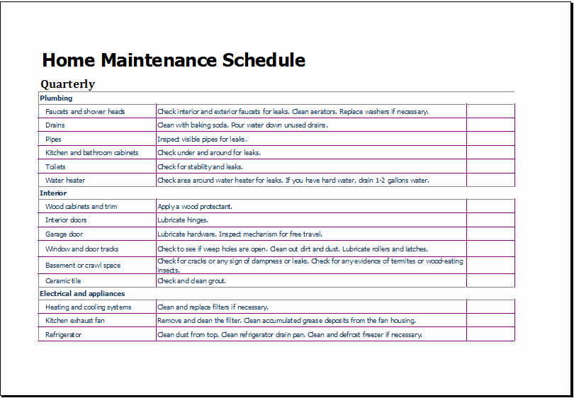 Home Maintenance Schedule Spreadsheet Elegant Home Maintenance Schedule Template for Excel