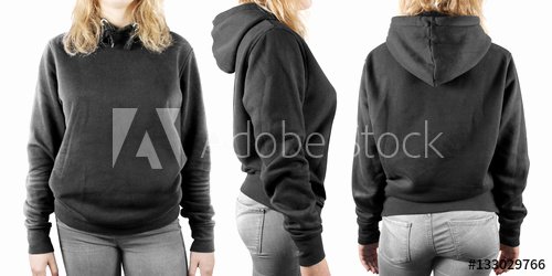 Hoodie Front and Back Lovely Blank Black Sweatshirt Mock Up Set isolated Front Back and Side View Woman Wear Grey Hoo
