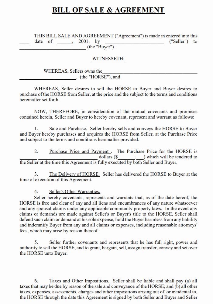Horse Bill Of Sale Template Awesome Free California Horse Bill Of Sale &amp; Agreement Template Pdf