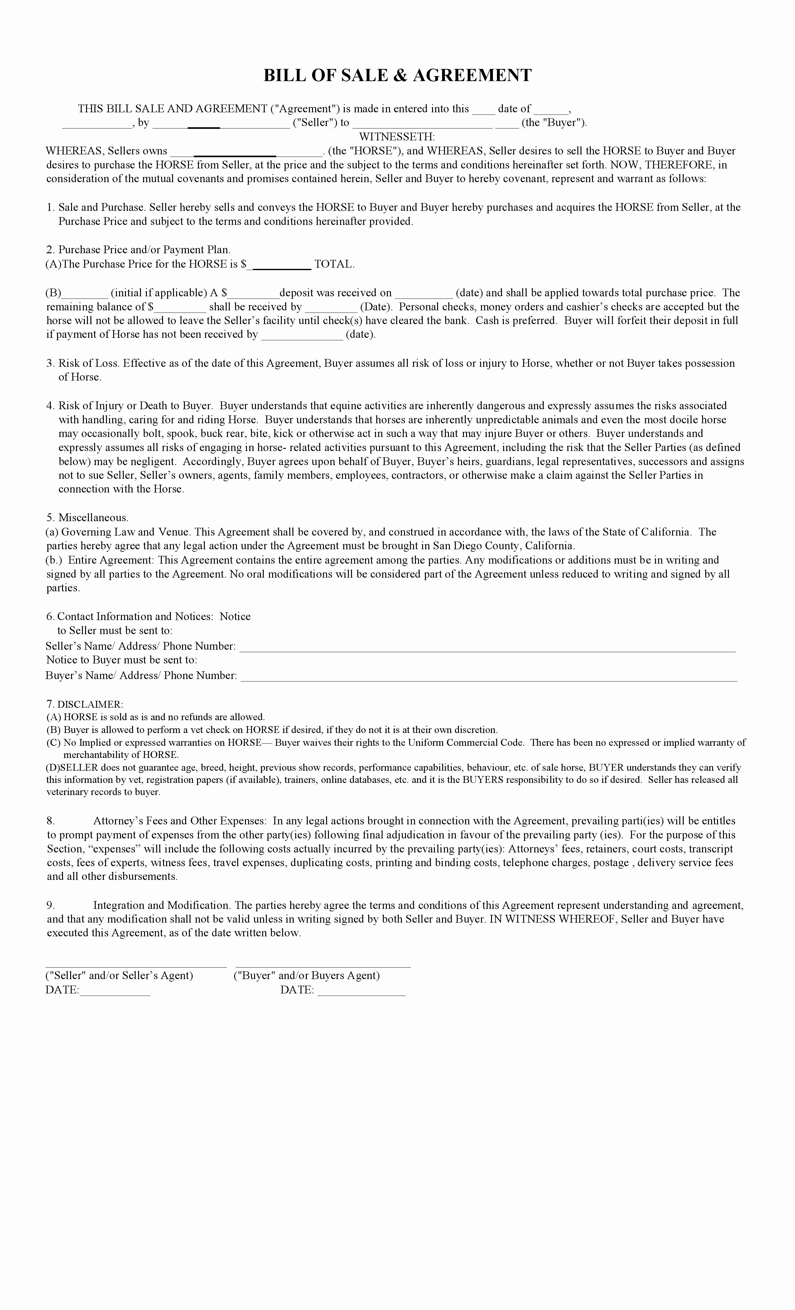Horse Bill Of Sale Template New Free California Horse Bill Of Sale &amp; Agreement Template Pdf