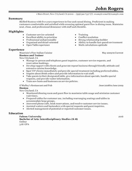 Hostess Job Description for Resume New Hostess Resume