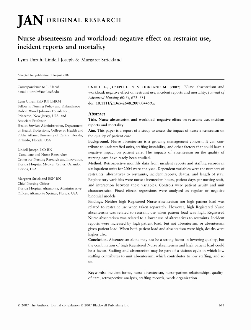 Incident Report Sample In Nursing Lovely Pdf Nurse Absenteeism and Workload Negative Effect On Restraint Use Incident Reports and