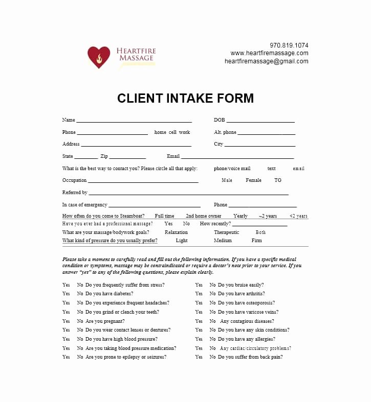 Intake form Template Word Luxury 59 Best Massage Intake forms for Any Client Printable Templates