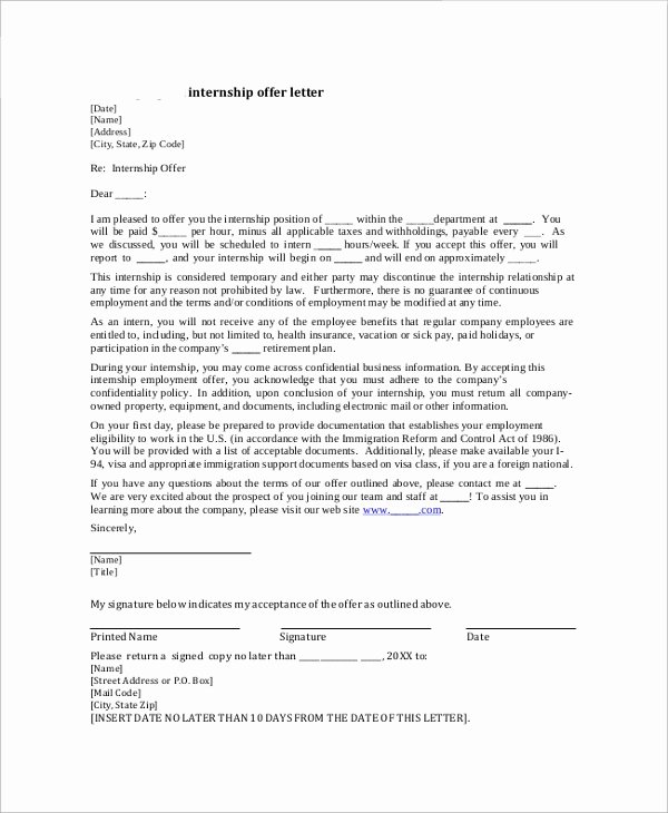 Internship Offer Letter Template Fresh 10 Sample Internship Fer Letters Pdf Doc Apple Pages