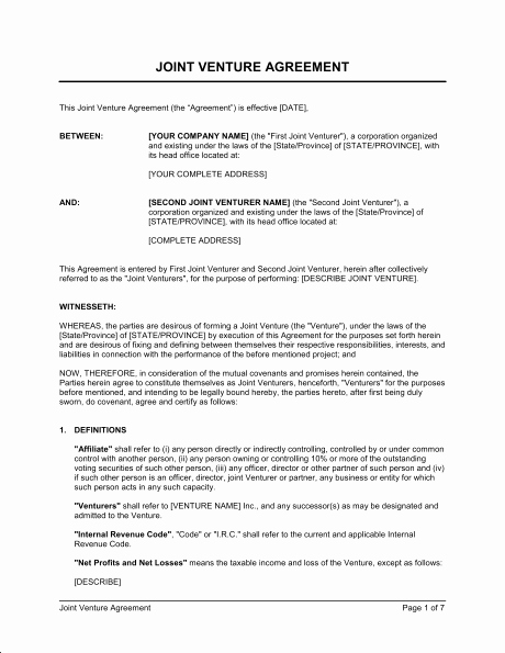 Joint Venture Agreement Pdf Awesome Joint Venture Agreement Template